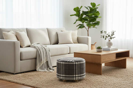 A modern living room scene featuring a light beige sectional sofa, a wooden coffee table, a round plaid ottoman, and a large green fiddle-leaf fig plant in a bright, airy room.