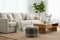 A modern living room scene featuring a light beige sectional sofa, a wooden coffee table, a round plaid ottoman, and a large green fiddle-leaf fig plant in a bright, airy room.