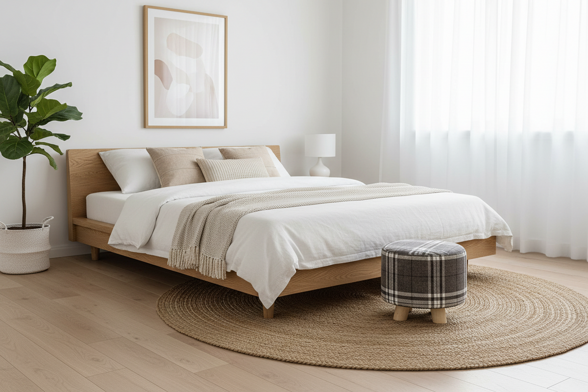 A modern light wood platform bed dressed in white linens and a beige throw blanket, styled in a bright minimalist bedroom with a round woven jute rug, a plaid ottoman, a potted plant, and a window with sheer curtains.