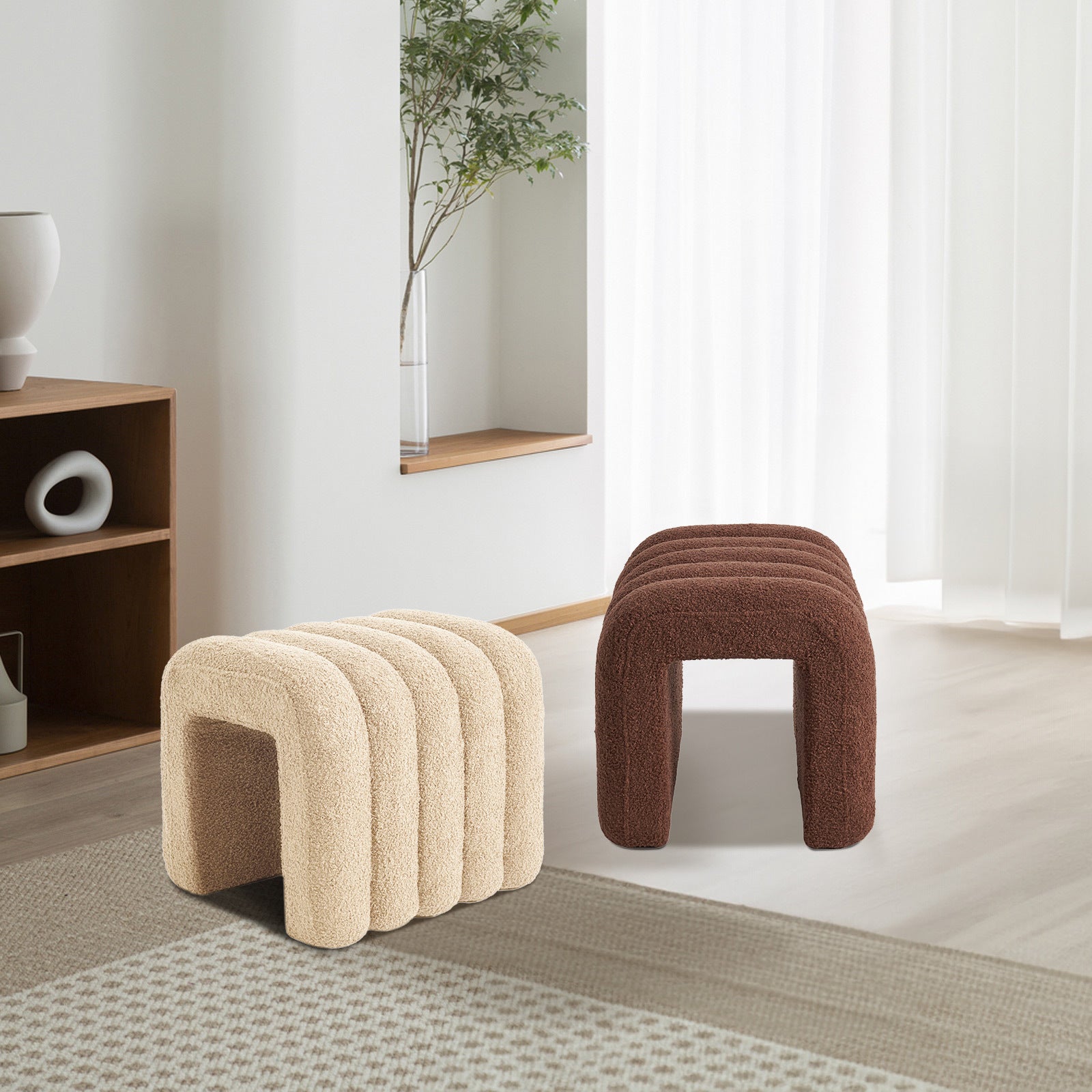 2X Ridge Arch Ottoman Stool Teddy Fleece Fabric Foot Rest 45cm BEIGE - Furniture > Living Room > Ottomans & Footstools