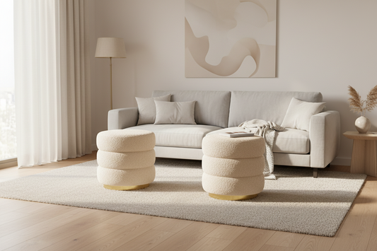 2X Round Stacked Ottoman Stool Teddy Fleece Fabric Foot Rest 38cm BEIGE