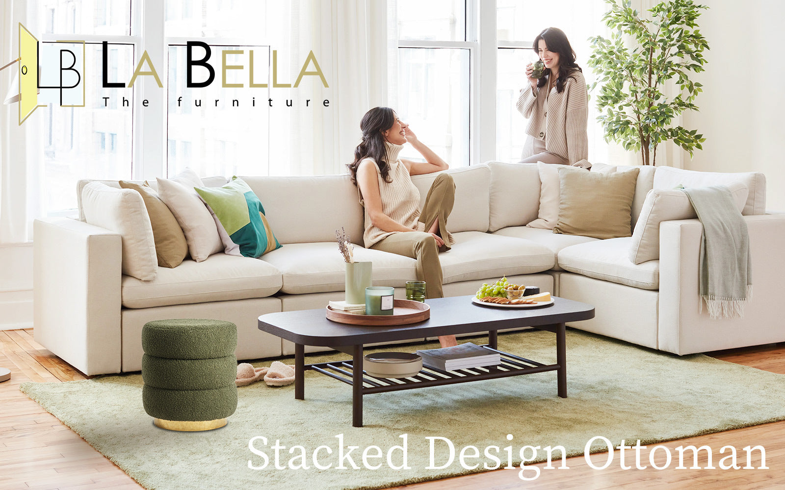 Round Stacked Ottoman Stool Teddy Fleece Fabric Foot Rest 38cm GREEN Furniture > Living Room > Ottomans & Footstools