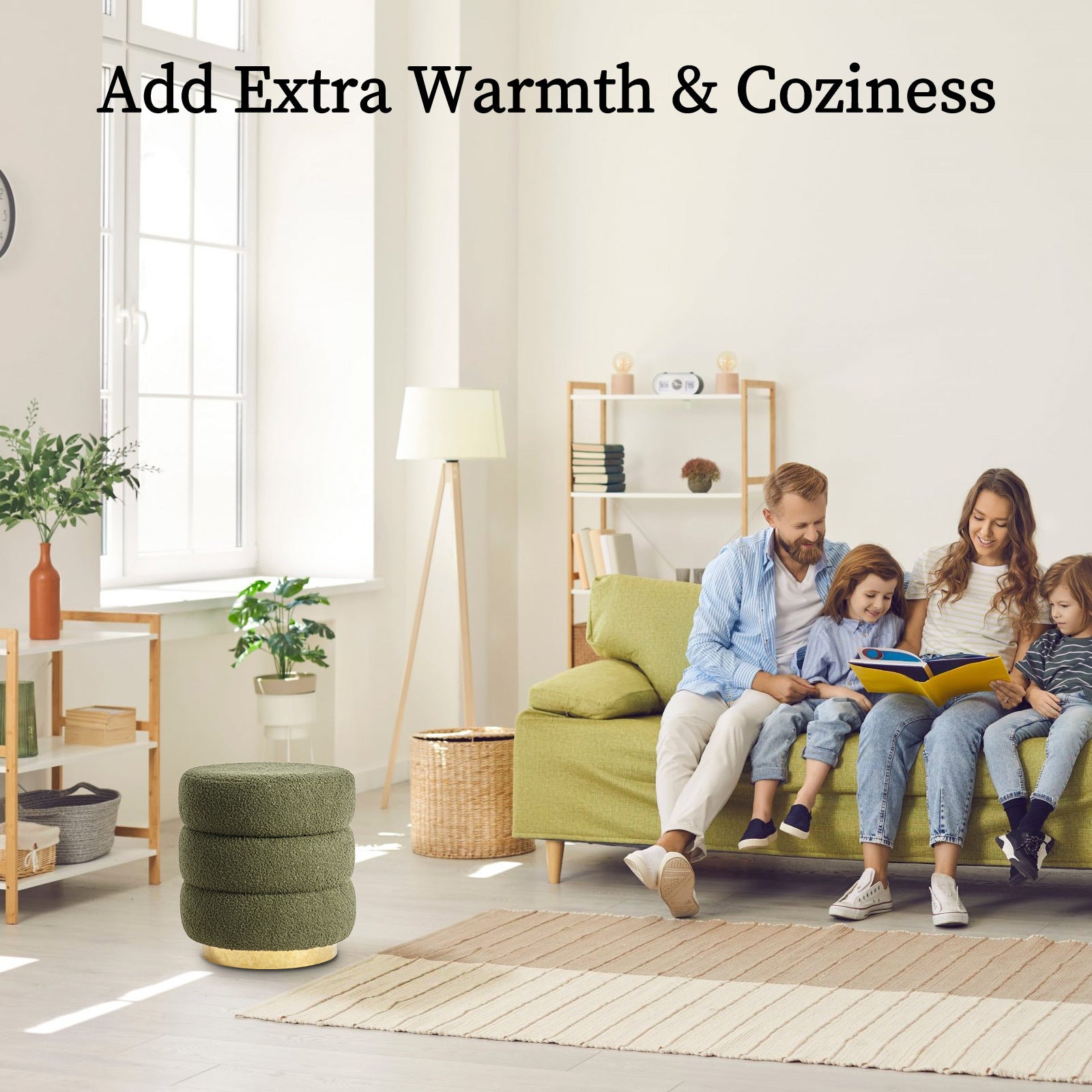 Round Stacked Ottoman Stool Teddy Fleece Fabric Foot Rest 38cm GREEN Furniture > Living Room > Ottomans & Footstools