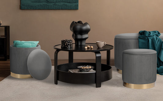 3 Piece Set Storage Ottoman - Blanket Box Velvet Padded Bench Stool FAYE GREY