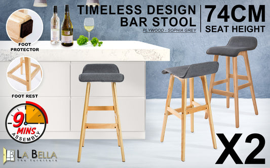 2X Wooden Bar Stool Dining Chair Fabric SOPHIA 74cm GREY - Furniture > Stools & Chairs Table