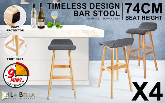 4X Wooden Bar Stool Dining Chair Fabric SOPHIA 74cm GREY - Furniture > Stools & Chairs Table