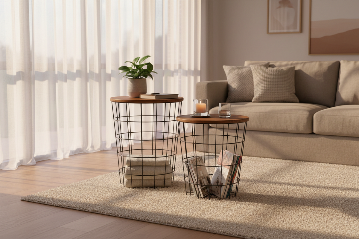 Two round wire baskets with wood-look tops are styled in a soft evening light living room with beige couch, matching rug, cushions and wall arts