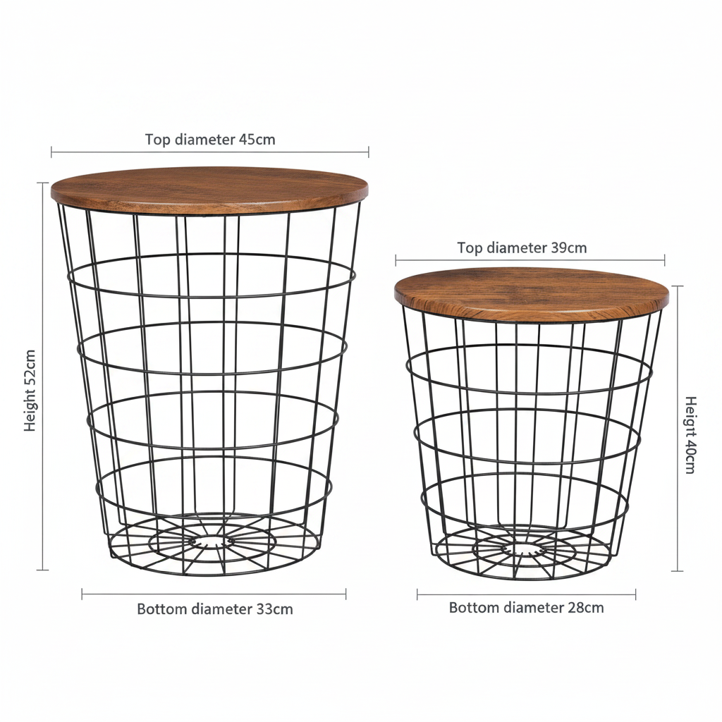 Two black wire basket side tables with round brown wooden tops, shown with dimension labels for top diameter, height, and bottom diameter on a white background.
