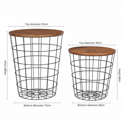 Two black wire basket side tables with round brown wooden tops, shown with dimension labels for top diameter, height, and bottom diameter on a white background.