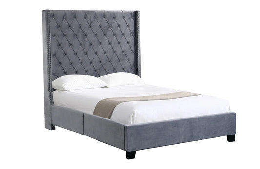 Ella Grey Velvet Winged Bed 180cm - Queen - Furniture > Bedroom > Beds & Bed Frames