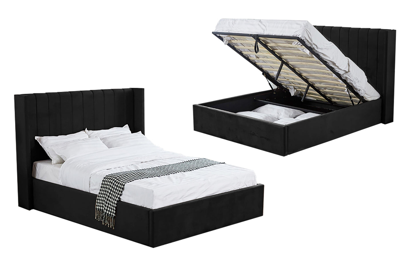 Hilton Black Velvet Gas Lift Bed - Queen - Furniture > Bedroom > Beds & Bed Frames