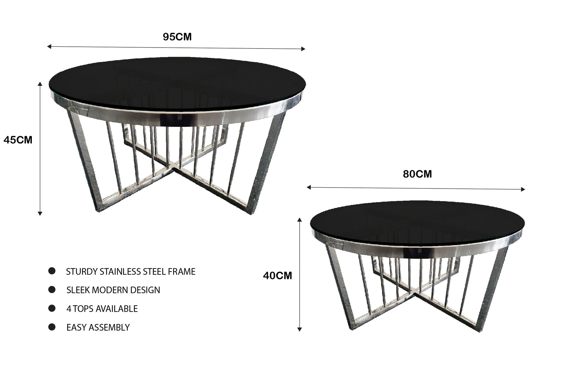 Salina Coffee Table 80cm Silver Base - Black Glass - Furniture > Living Room > Coffee Tables