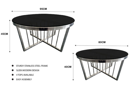 Salina Coffee Table 80cm Silver Base - Black Glass - Furniture > Living Room > Coffee Tables