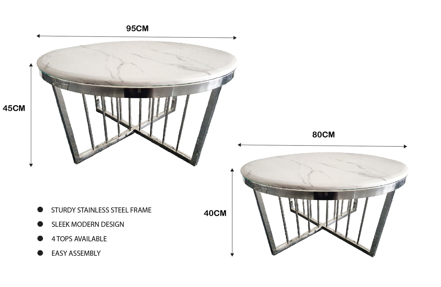 Salina Coffee Table 80cm Silver Base - White Marble - Furniture > Living Room > Coffee Tables