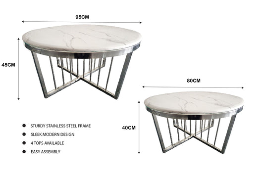 Salina Coffee Table 80cm Silver Base - White Marble - Furniture > Living Room > Coffee Tables