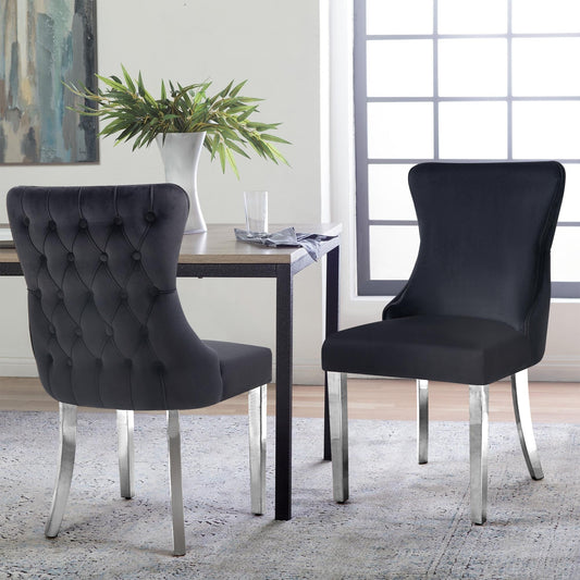 Paris Black Velvet & Silver Polished Steel Upholstered Dining Chairs Tufted Back - Set of 2 - Furniture > Dining >