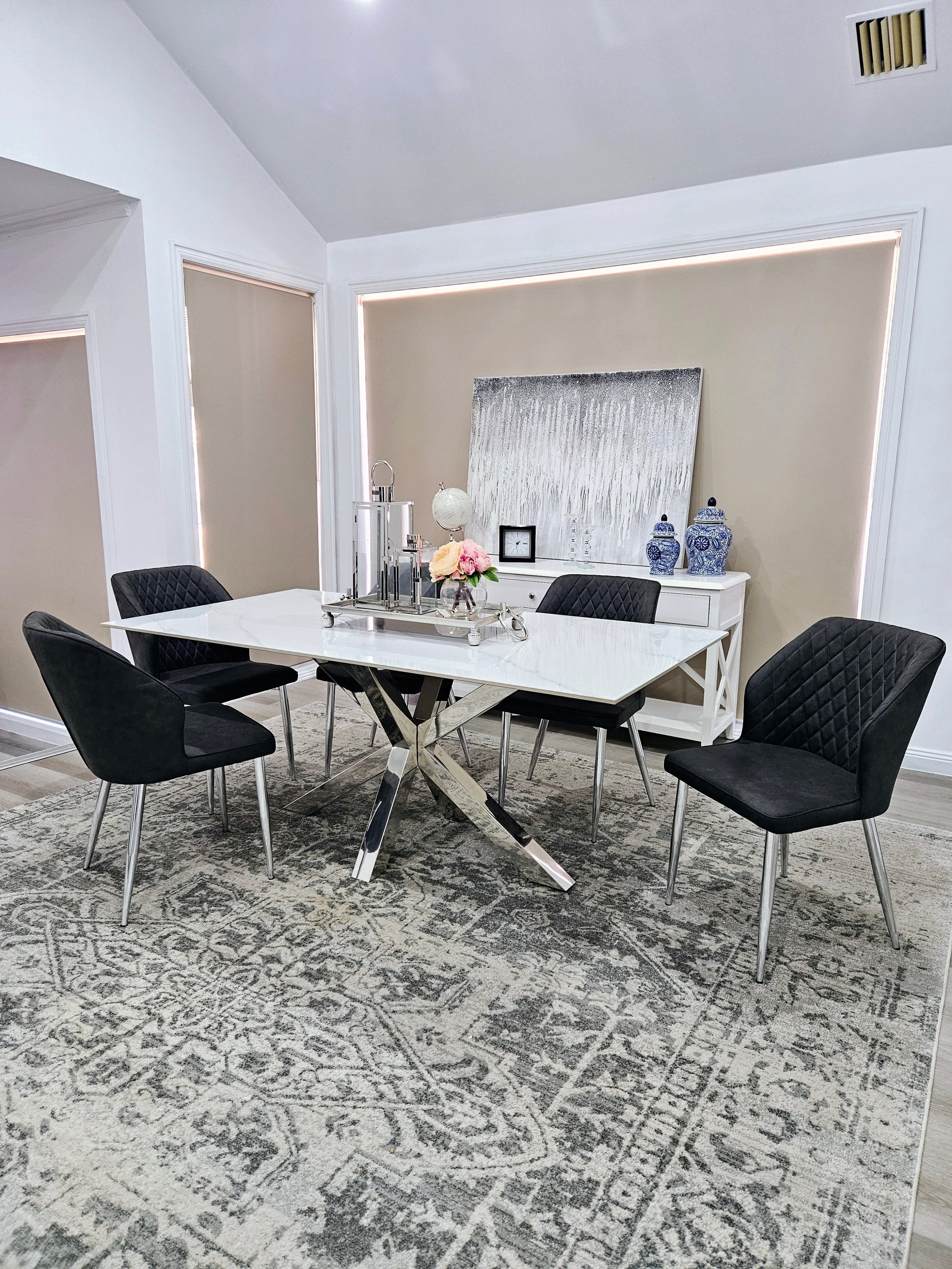 Miles Silver With White Marble Dining Table - 90cm x 180cm - Furniture > Dining > Dining Tables