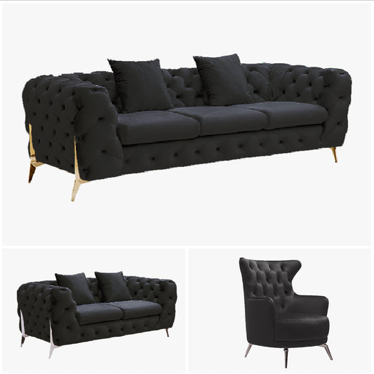 Grand Tufted Lounge - Black Velvet - Silver Legs - Furniture > Sofas > Sofas & Sofa Beds