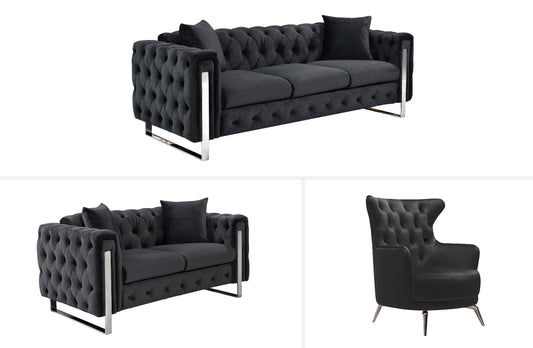 Madeline Range - Black Velvet - Silver Trims - Furniture > Sofas > Sofas & Sofa Beds