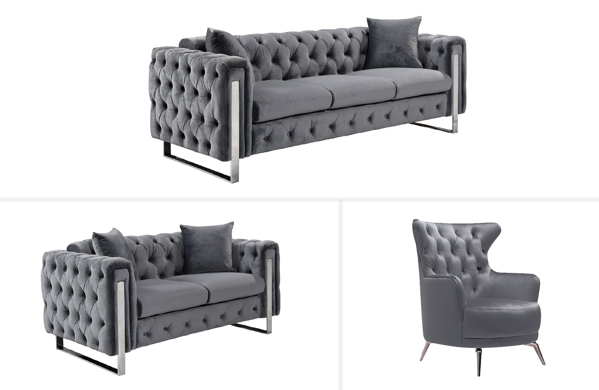 Madeline Range - Dark Grey Velvet 3 + 2 + 1 - Silver Trims - Furniture > Sofas > Sofas & Sofa Beds