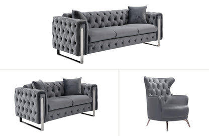 Madeline Range - Dark Grey Velvet 3 + 2 + 1 - Silver Trims - Furniture > Sofas > Sofas & Sofa Beds