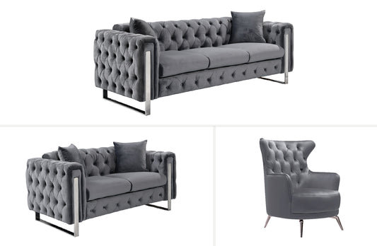 Madeline Range - Dark Grey Velvet 3 + 2 + 1 - Silver Trims - Furniture > Sofas > Sofas & Sofa Beds