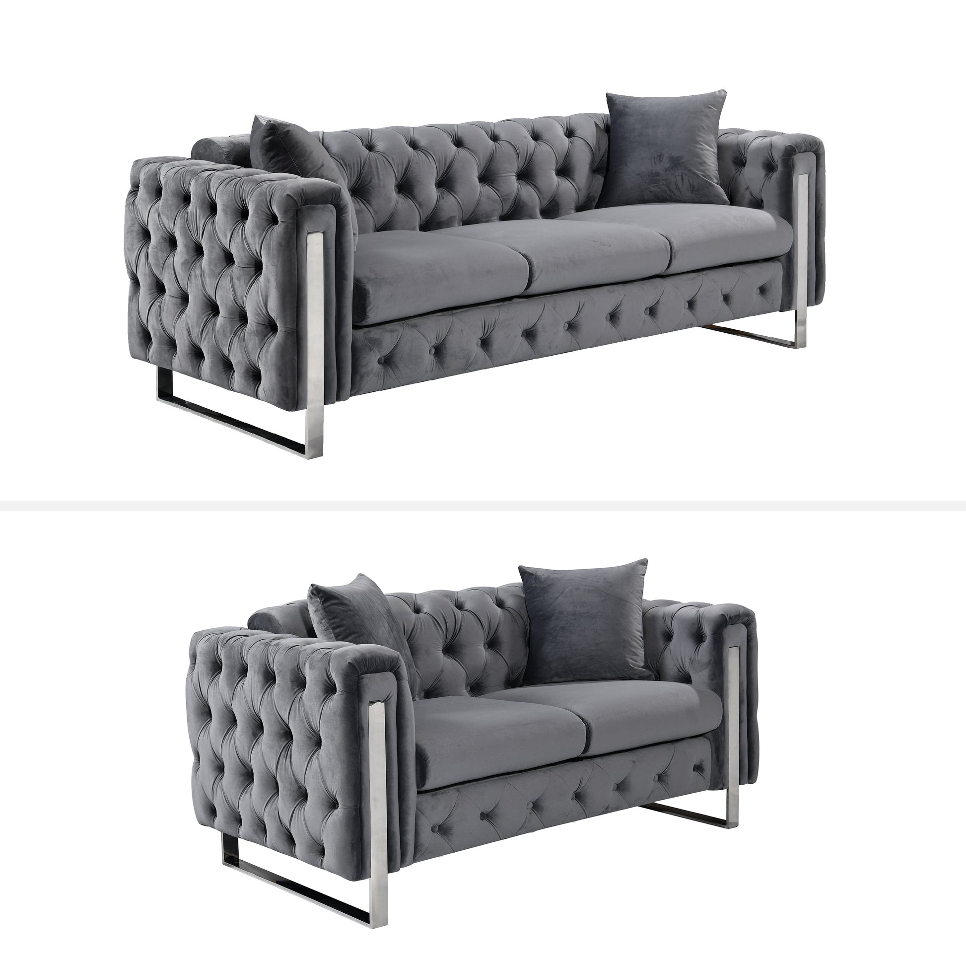 Madeline Range - Dark Grey Velvet 3 + 2 + 1 - Silver Trims - Furniture > Sofas > Sofas & Sofa Beds