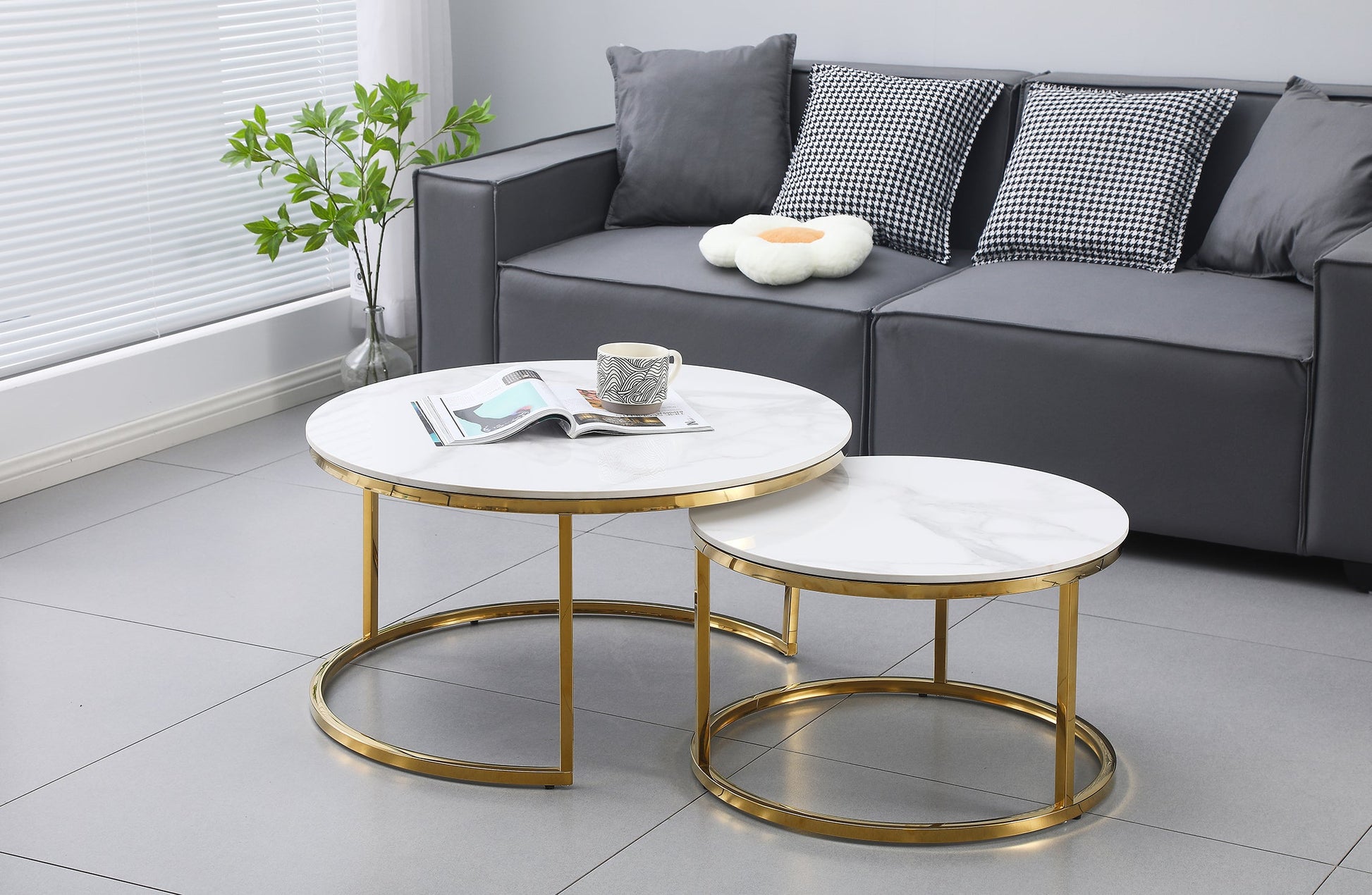 Nesting Style Coffee Table - White on Gold Stainless Steel - 80cm/60cm - Furniture > Living Room > Coffee Tables