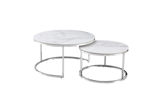 Nesting Style Coffee Table - White on Silver Stainless Steel - 80cm/60cm - Furniture > Living Room > Coffee Tables