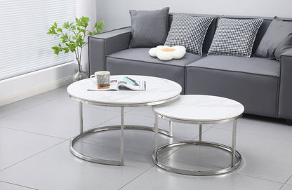 Nesting Style Coffee Table - White on Silver Stainless Steel - 80cm/60cm - Furniture > Living Room > Coffee Tables