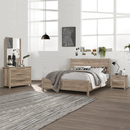 4 Pieces Bedroom Suite Natural Wood Like MDF Structure Queen Size Oak Colour Bed Bedside Table & Dresser - Furniture >