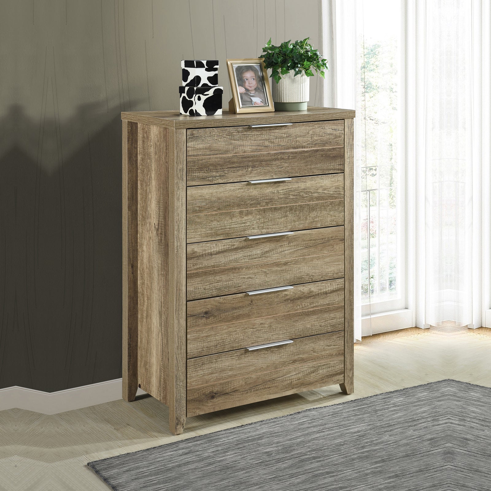 4 Pieces Bedroom Suite Natural Wood Like MDF Structure King Size Oak Colour Bed Bedside Table & Tallboy - Furniture >