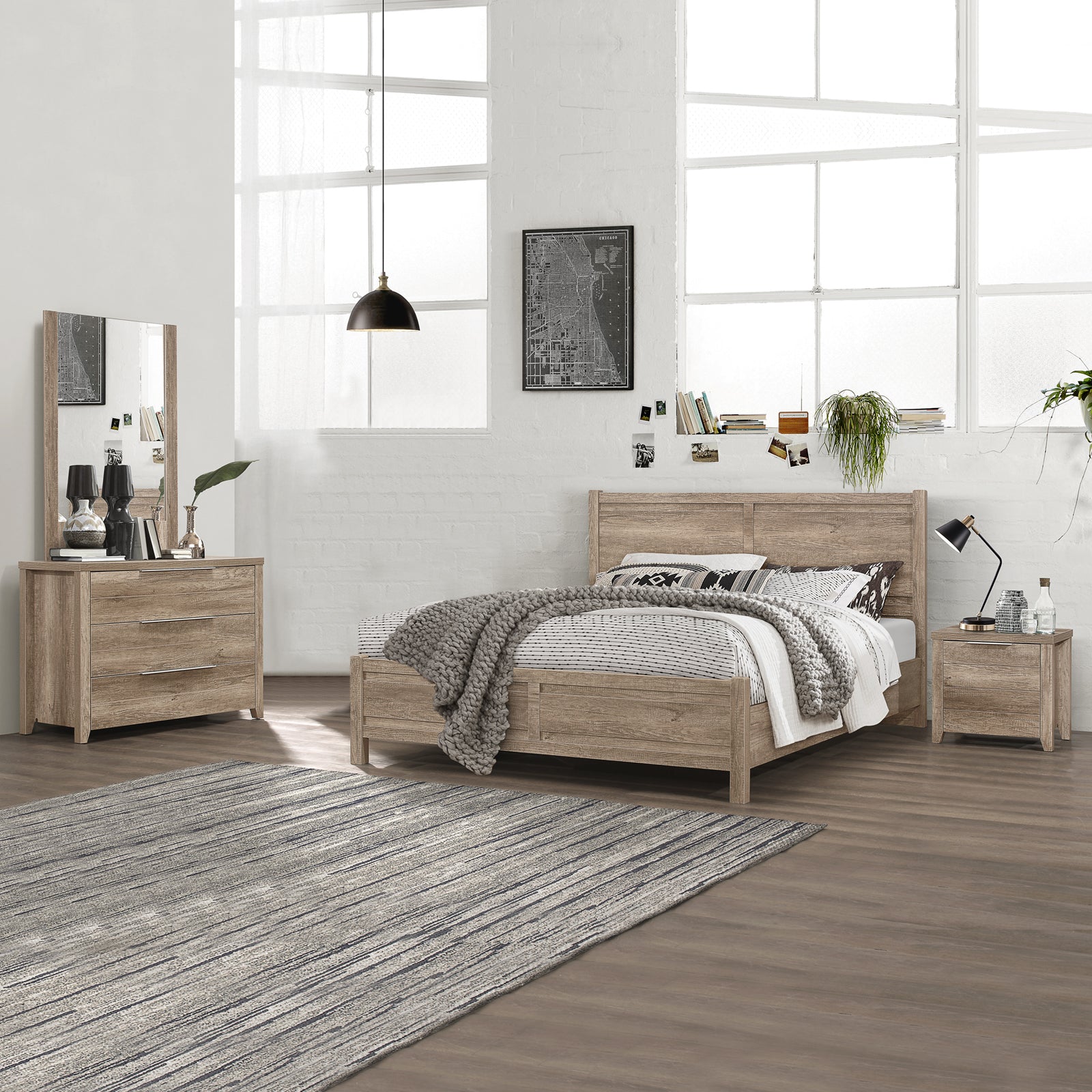 4 Pieces Bedroom Suite Natural Wood Like MDF Structure Queen Size Oak Colour Bed Bedside Table & Tallboy - Furniture >