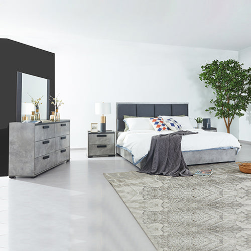 Queen 4 Pcs Bedroom Suite with Dresser Fabric Upholstery MDF Combination of Black & Cement Colour - Furniture > Bedroom