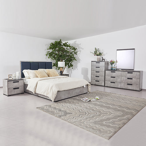 Queen 5 Pcs Bedroom Suite Fabric Upholstery MDF Combination of Black & Cement Colour - Furniture > Bedroom > Beds & Bed