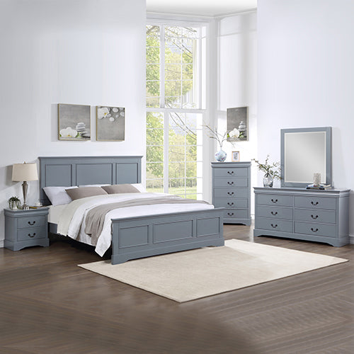 5 Pieces Bedroom Suite in Solid Wood & MDF King Size Grey Colour Bed Bedside Table Dresser & Tallboy Furniture >