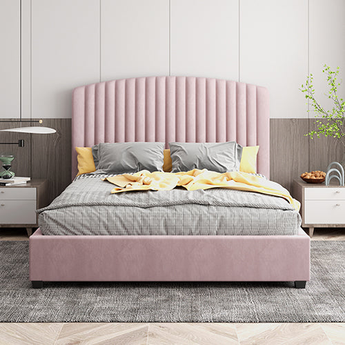 Camelia Queen Size Bed Frame Pink Velvet Upholstery High Headboard Quality Slats Metal Structure - Furniture > Bedroom