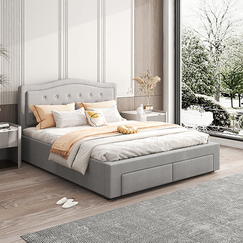 Emily Bed Frame Queen Size Velvet Fabric Grey Four MDF Drawers with Wheels Furniture > Bedroom > Beds & Bed Frames