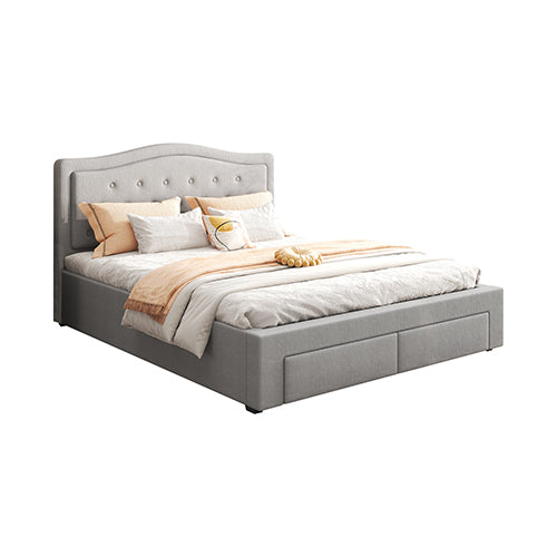 Emily Bed Frame Queen Size Velvet Fabric Grey Four MDF Drawers with Wheels Furniture > Bedroom > Beds & Bed Frames