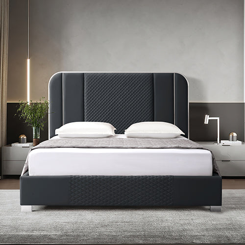 Halcyon Bed Frame Air Leather Padded Upholstery High Quality Slats Polished Stainless Steel Feet - Furniture > Bar