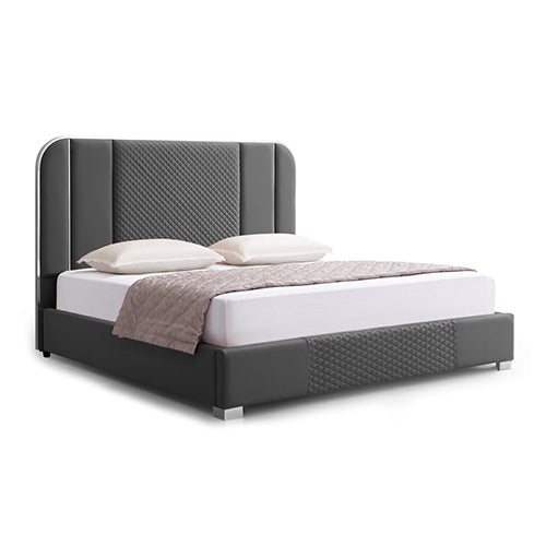 Halcyon Bed Frame Air Leather Padded Upholstery High Quality Slats Polished Stainless Steel Feet - Furniture > Bar