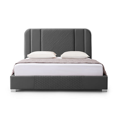 Halcyon Bed Frame Air Leather Padded Upholstery High Quality Slats Polished Stainless Steel Feet - Furniture > Bar