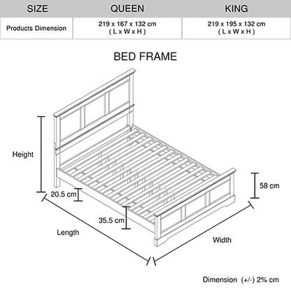 Queen Bed Frame in Solid Wood with Slats Support in Grey colour Furniture > Bedroom > Beds & Bed Frames