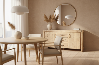Buffet Sideboard in Oak Colour Constructed with Solid Acacia Wooden Frame Storage Cabinet with Drawers