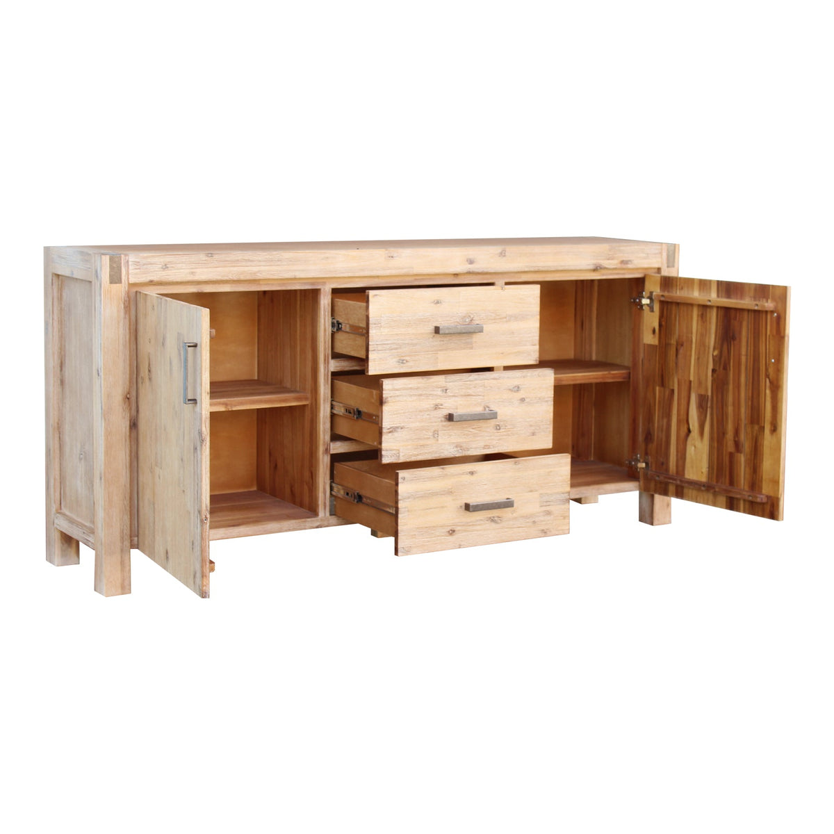 Wooden sideboard with open doors and drawers on a white background