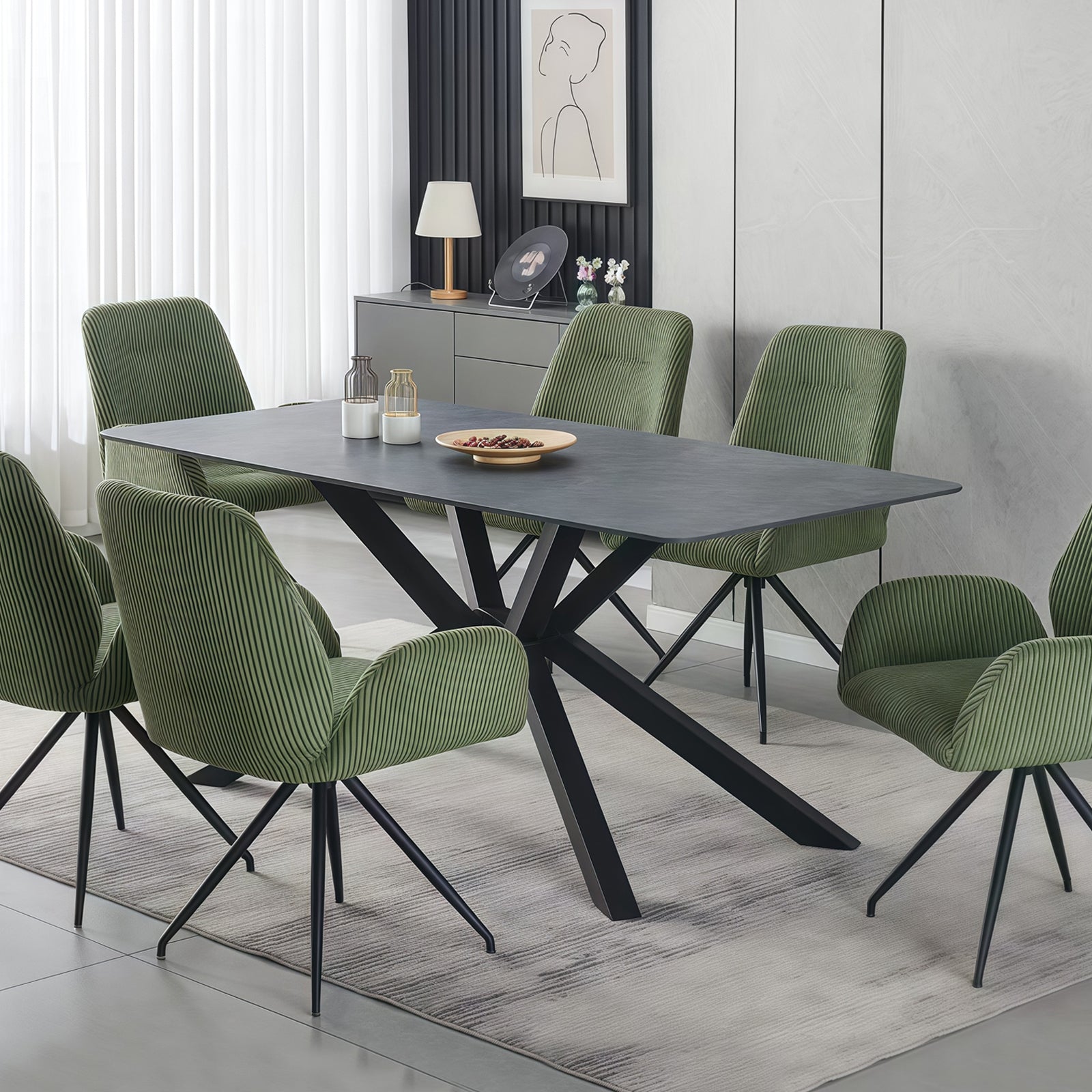Dining Table Rectangular Shape Green Sintered Stone Top Powder Coated Iron Legs - Furniture > Dining > Dining Tables