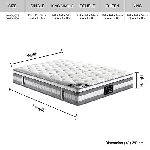 Mattress Euro Top Double Size Pocket Spring Coil with Knitted Fabric Medium Firm 34cm Thick - Furniture > Mattresses >