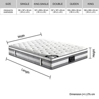 Mattress Euro Top Double Size Pocket Spring Coil with Knitted Fabric Medium Firm 34cm Thick - Furniture > Mattresses >