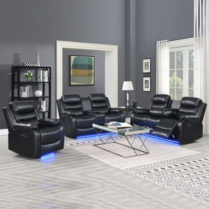 3-2-1 Seater Seater Finest Black Leatherette Recliner Feature Console LED Light Ultra Cushioned - Furniture > Bar