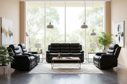 3-2-1 Seater Seater Finest Black Leatherette Recliner Feature Console LED Light Ultra Cushioned